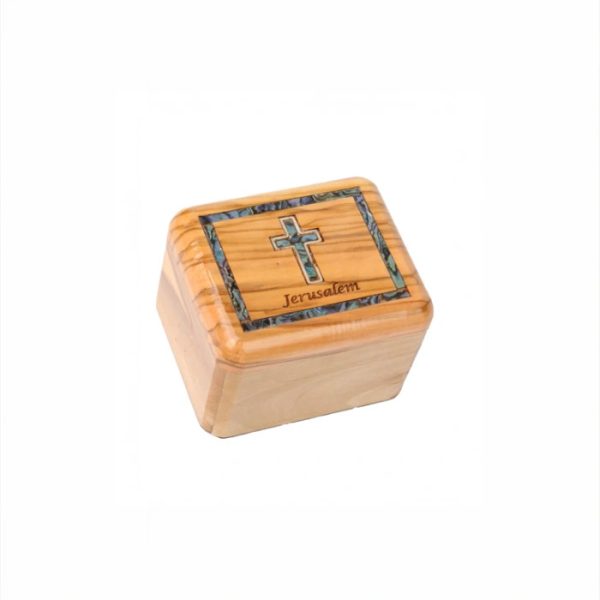 Olive Wood Box_ Mother of Pearl Broder and Latin Cross
