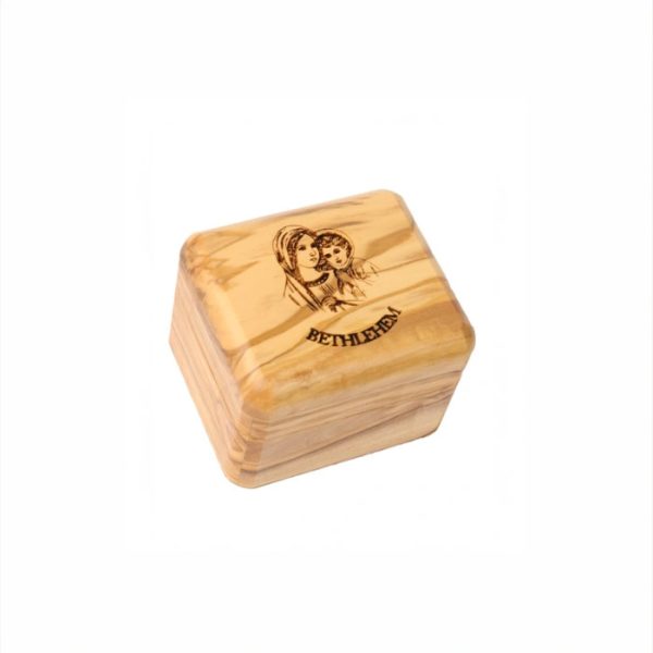 Naa Olive Wood Box_Laser- rena engraved Virgin Mary with Baby Jesus