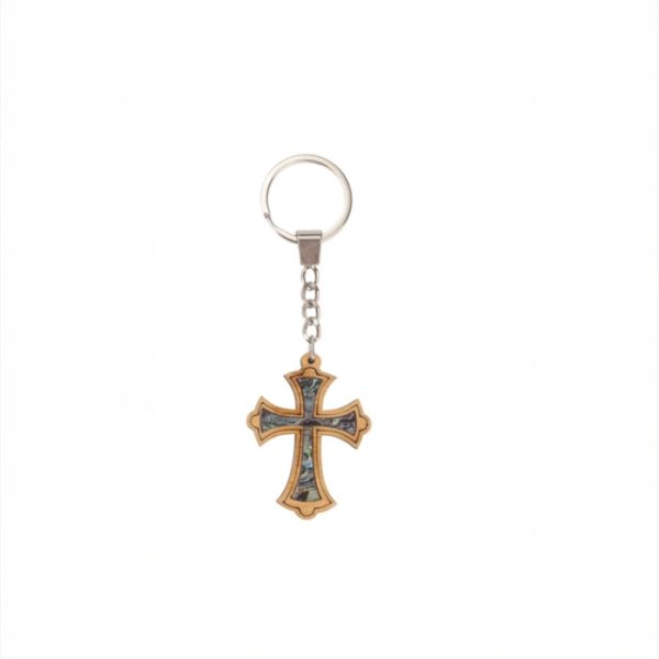 Olive Wood Keychain_ Cross with Mother of Pearl Interior
