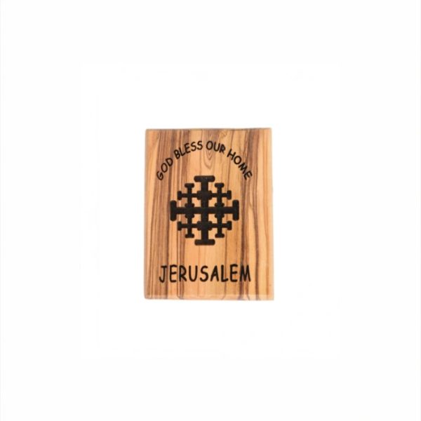 Olive Wood Magnet_ "God Bless Our Home" with Jerusalem Cross