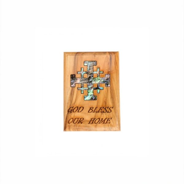 Olive Wood Magnet_ "God Bless Our Home" with Mother of Pearl Jerusalem Cross