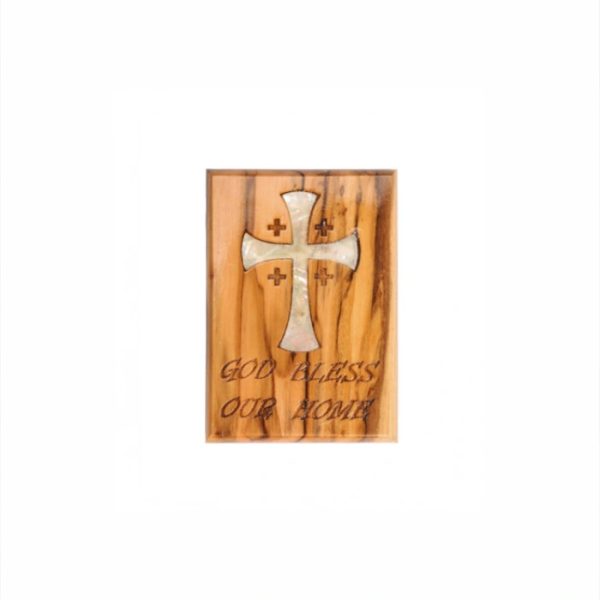 Olive Wood Magnet_''God Bless Our Home" with Mother of Pearl Jerusalem Cross