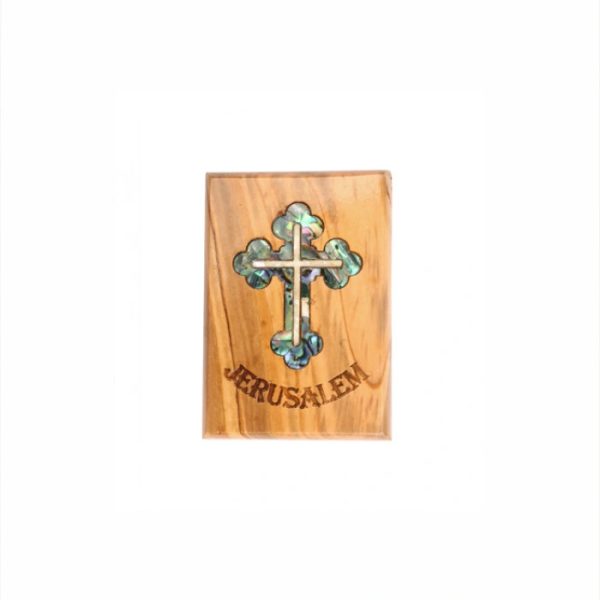 Olive Wood Magnet_ "Jerusalem" with Mother of Pearl Roman Cross